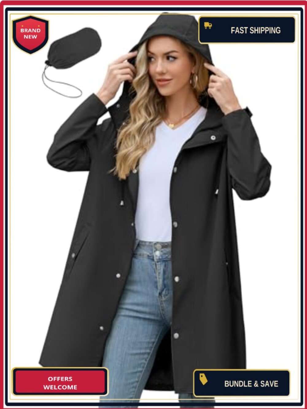 Waterproof Long Rain Jacket Women Packable Hooded Trench with Adjustable Cuffs